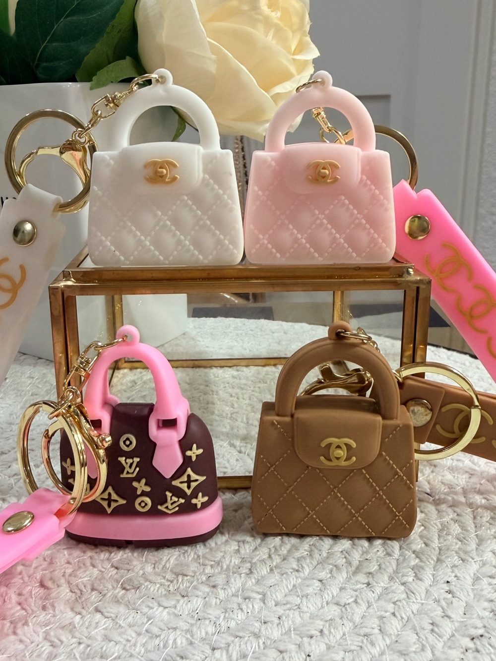 Novelty Fashion Mini Quilted Bag Keychains - White, Pink, Brown, Brown/Pink